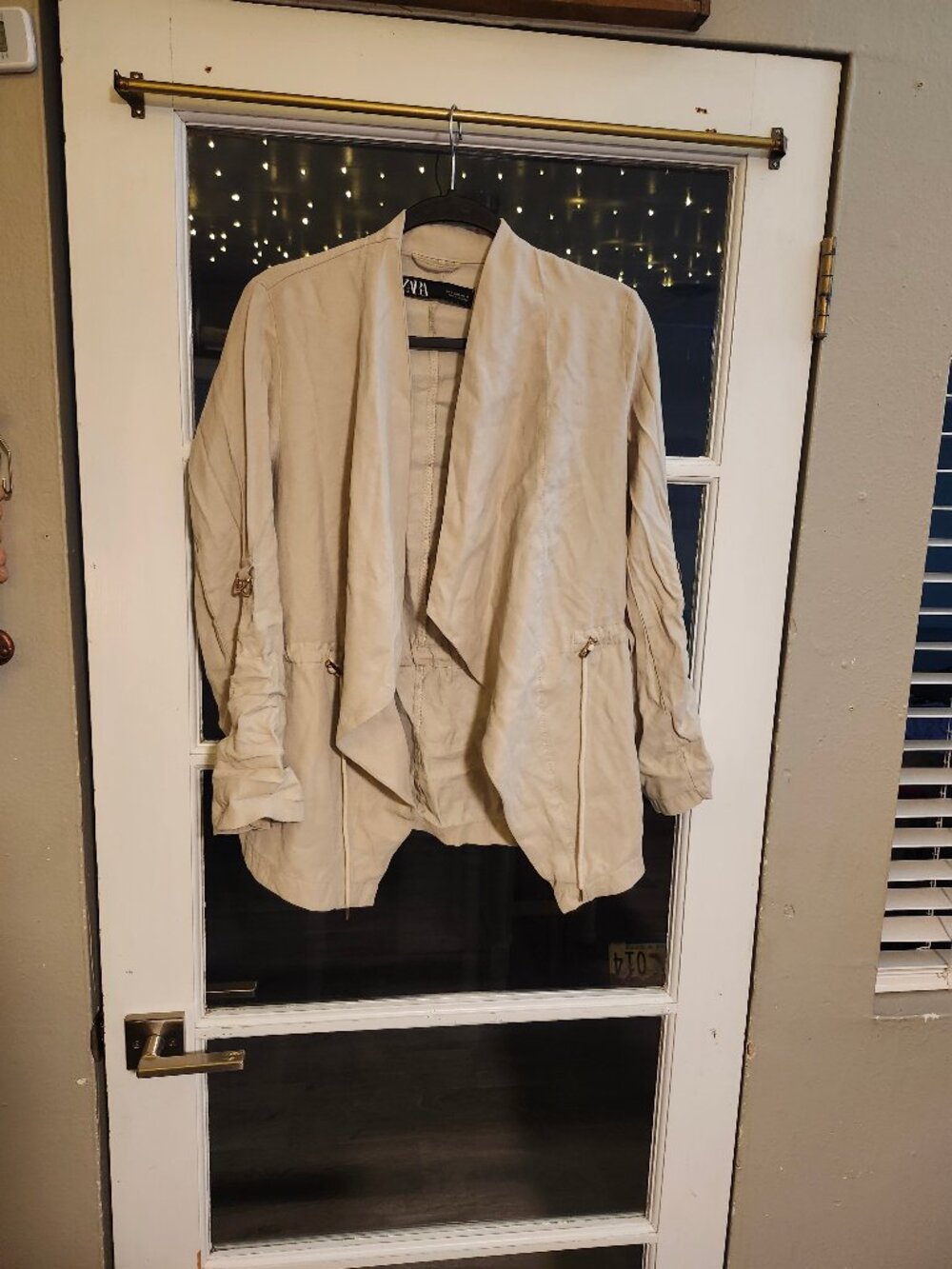 Zara Open Front Blazer Jacket Women's M 3/4 Sleeve Beige Cinch Waist EUC Cute